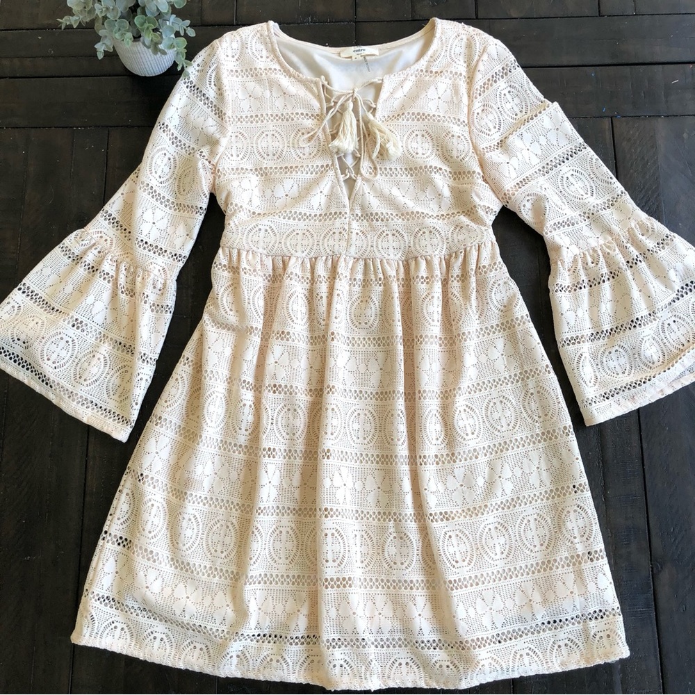 Entro Lace Eyelet Cream Bell Sleeve Dress